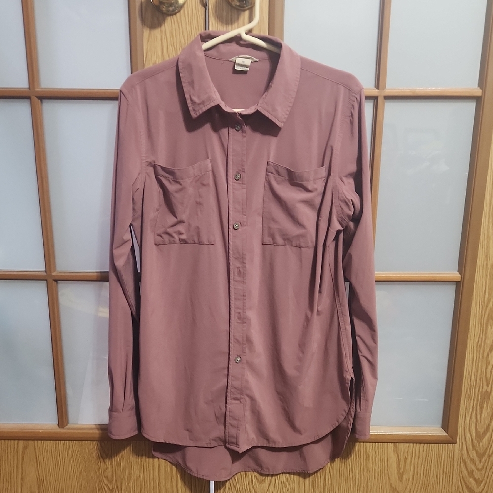 Duluth Trading Co Womens Flexellence Long Sleeve Button Up Mauve Shirt Size Med